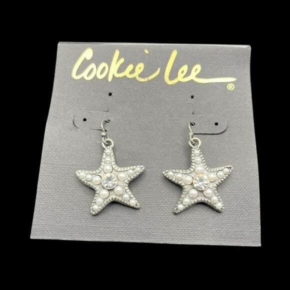 VTG Cookie Lee Earrings Starfish Faux‎ Pearls Rhinestone Dangle Silver Tone NEW - Picture 3 of 4